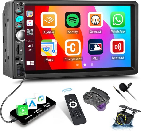 Double Din Car Radio with Apple CarPlay Android Auto CAMECHO 7 inch Touchscreen 2 Din Car Stereo with Bluetooth Mirror Link/SWC/FM USB TF AUX + Reverse Camera