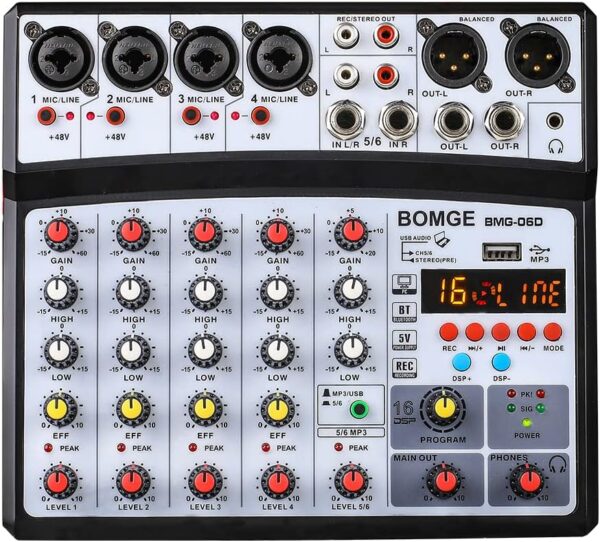 BOMGE 6 channel dj audio mixer with MP3 USB Bluetooth,48V phantom power, 16 DSP Echo effects Mixer for Live, Music, Karaoke, Podcast (BLACK)