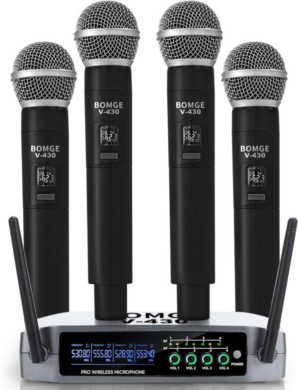BOMGE Wireless Microphone System, Pro 4-Channel Cordless Mic Set with Four Handheld